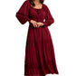 Burgundy Long-Sleeve Smocked Maxi Dress with Tiered Skirt
