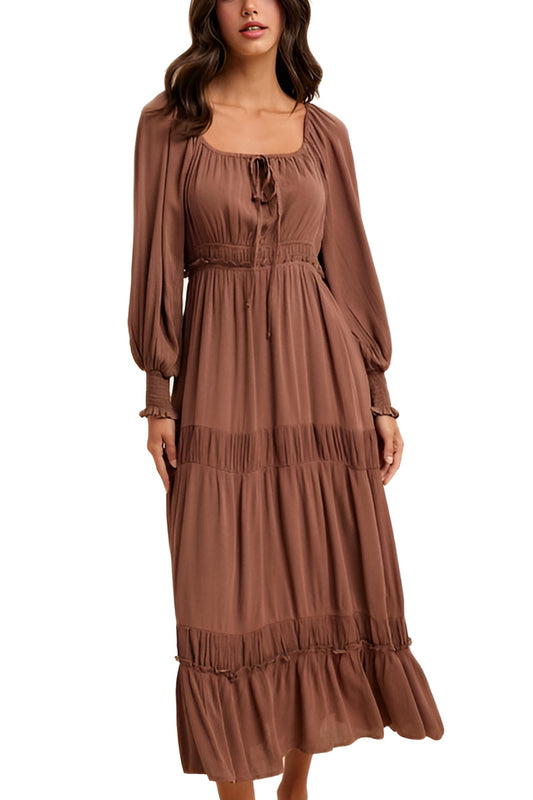 Brown Long-Sleeve Smocked Maxi Dress with Tiered Skirt
