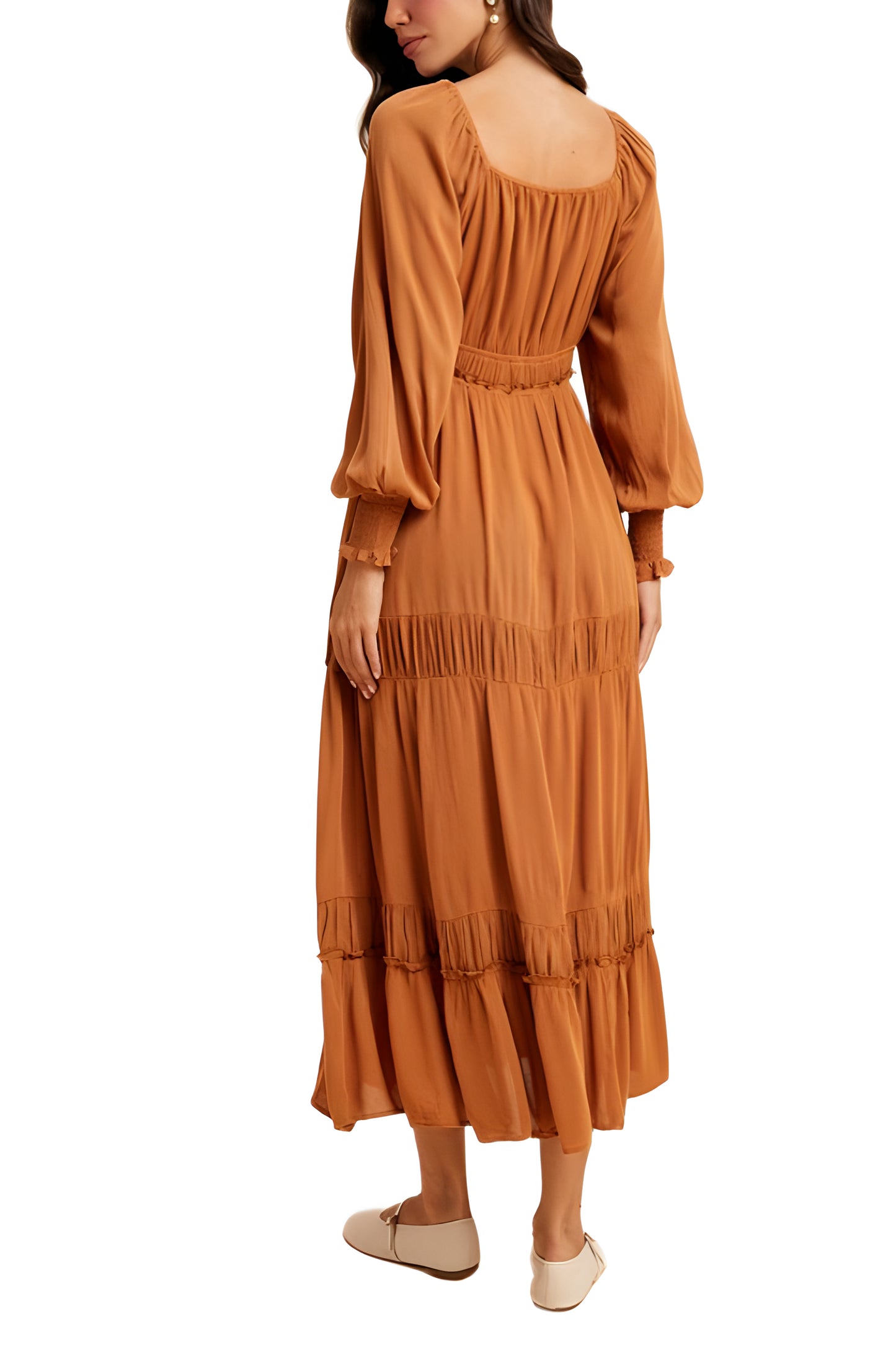 Orange Tiered Maxi Dress with Smocked Waist and Long Sleeves