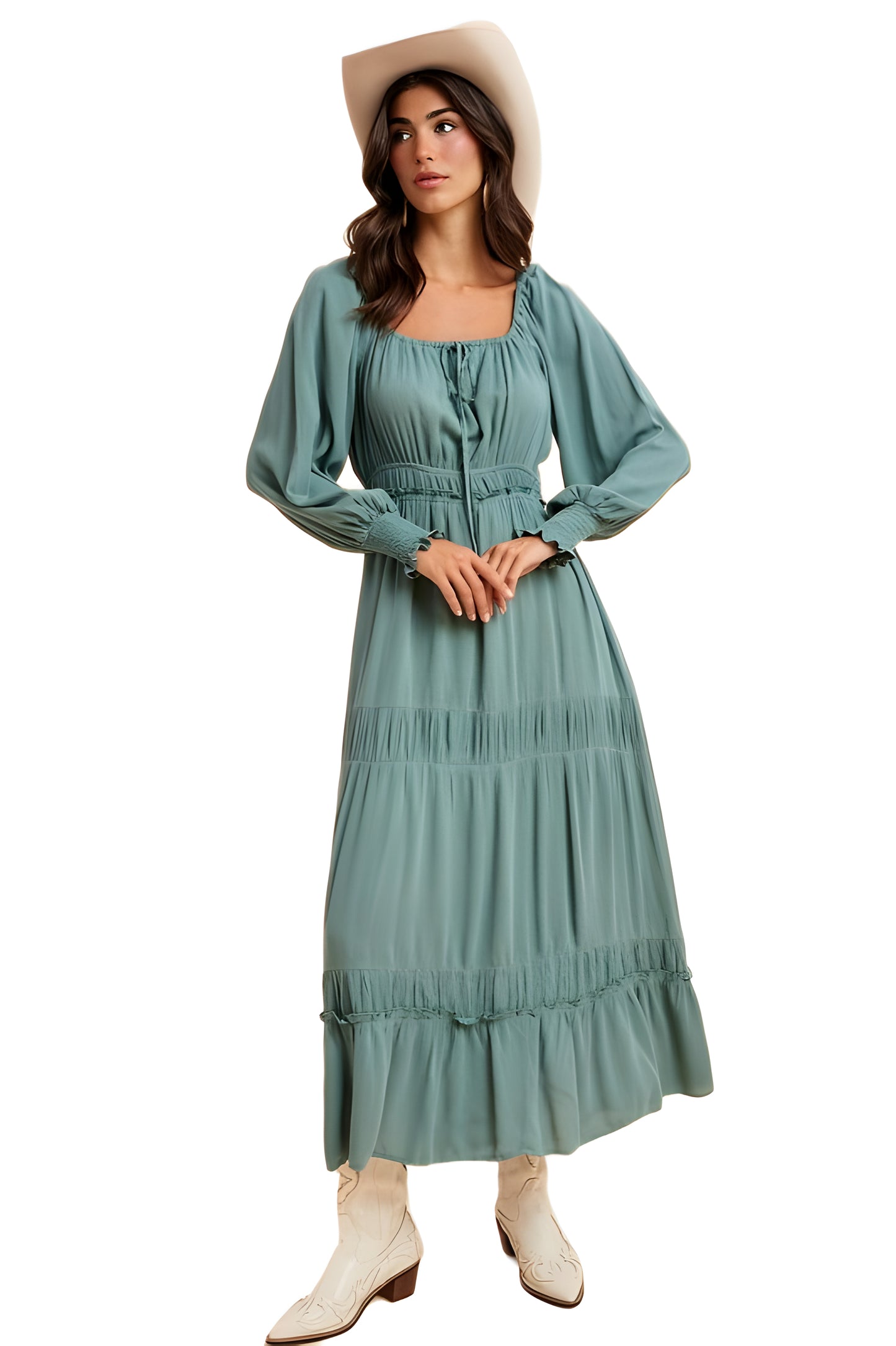 Teal Tiered Maxi Dress with Smocked Waist and Long Sleeves