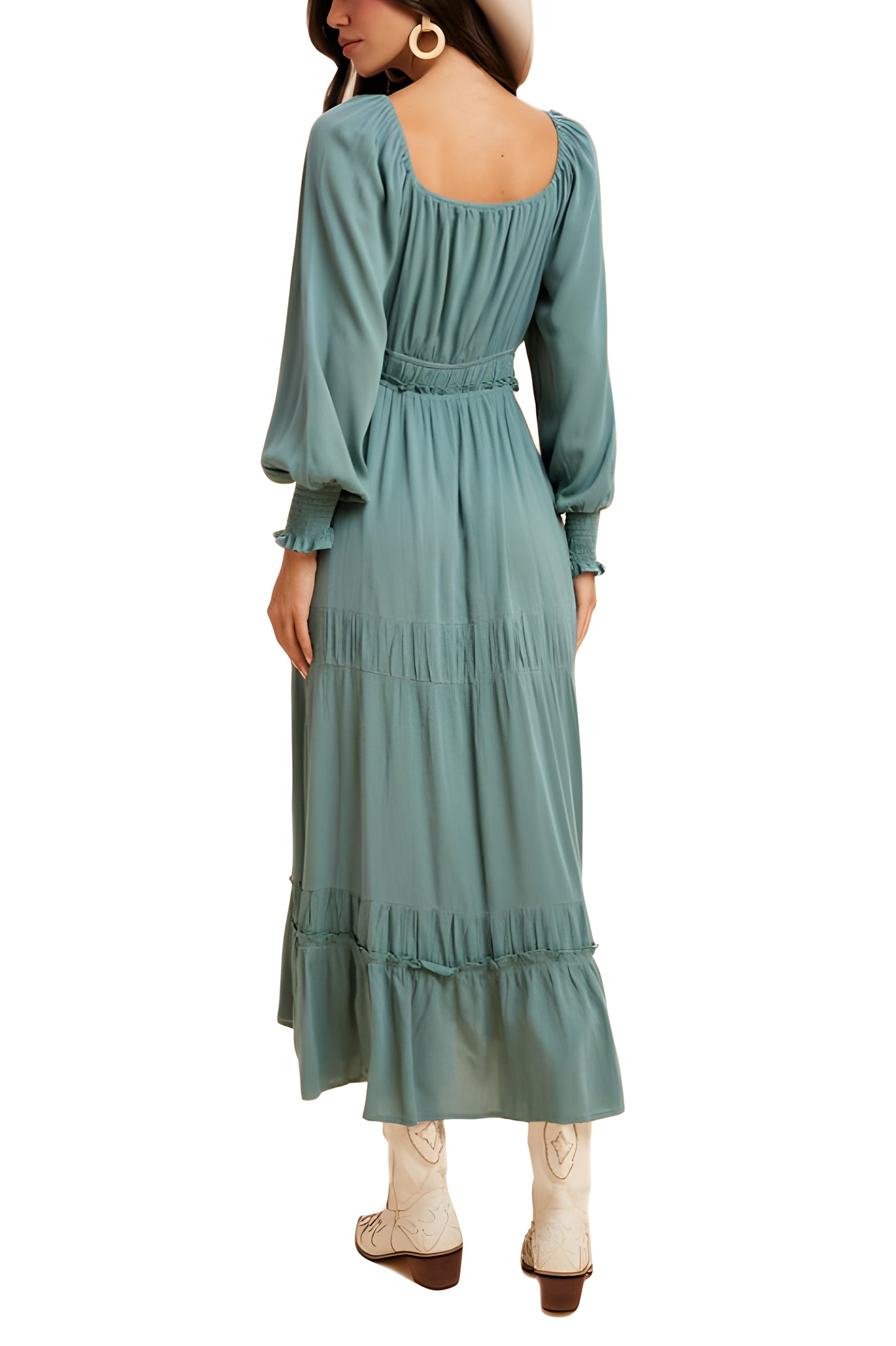 Teal Tiered Maxi Dress with Smocked Waist and Long Sleeves