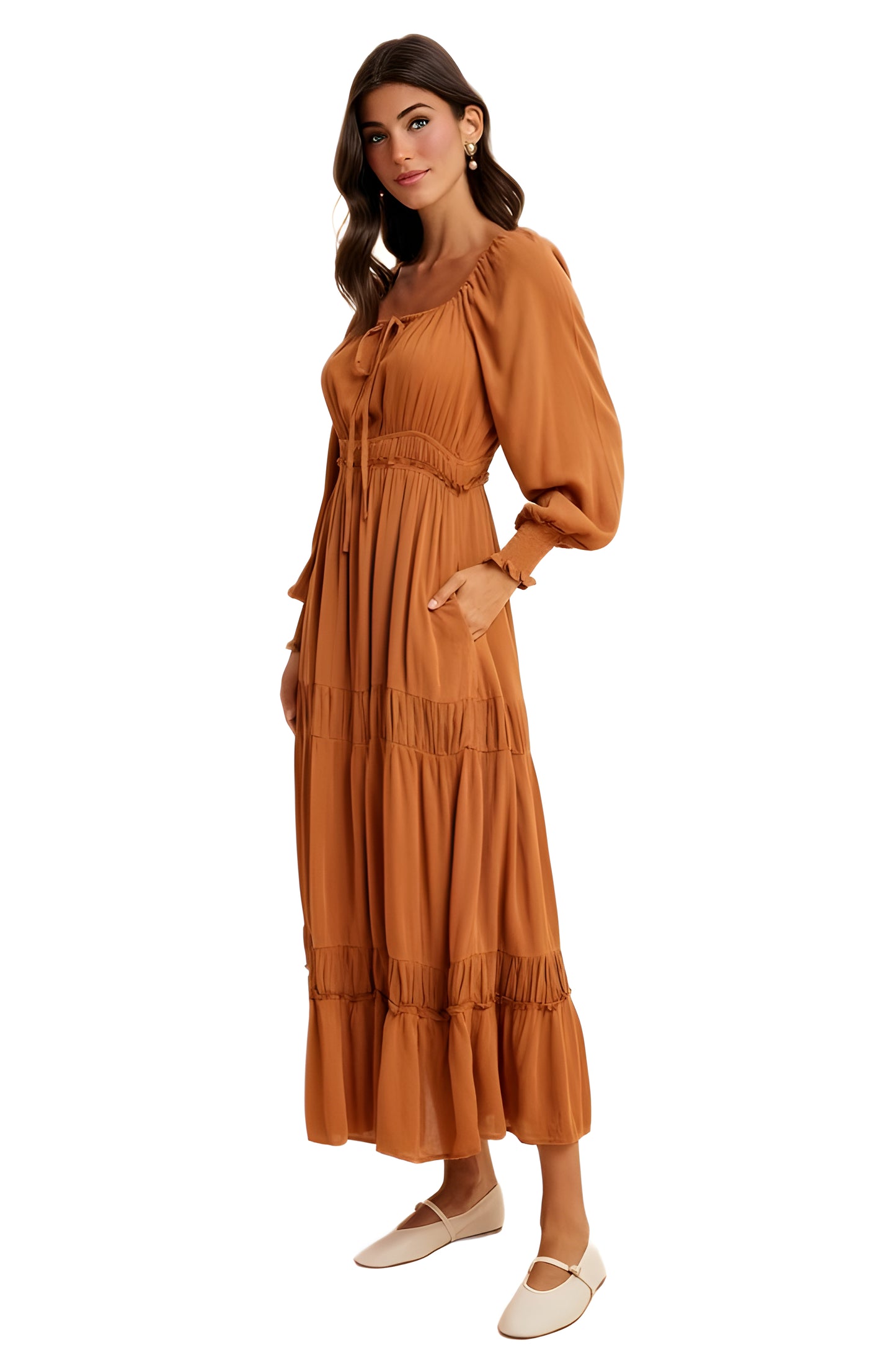 Orange Tiered Maxi Dress with Smocked Waist and Long Sleeves