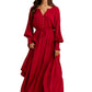 Burgundy Long Sleeve Maxi Dress with Front Buttons and Drawstring Waist