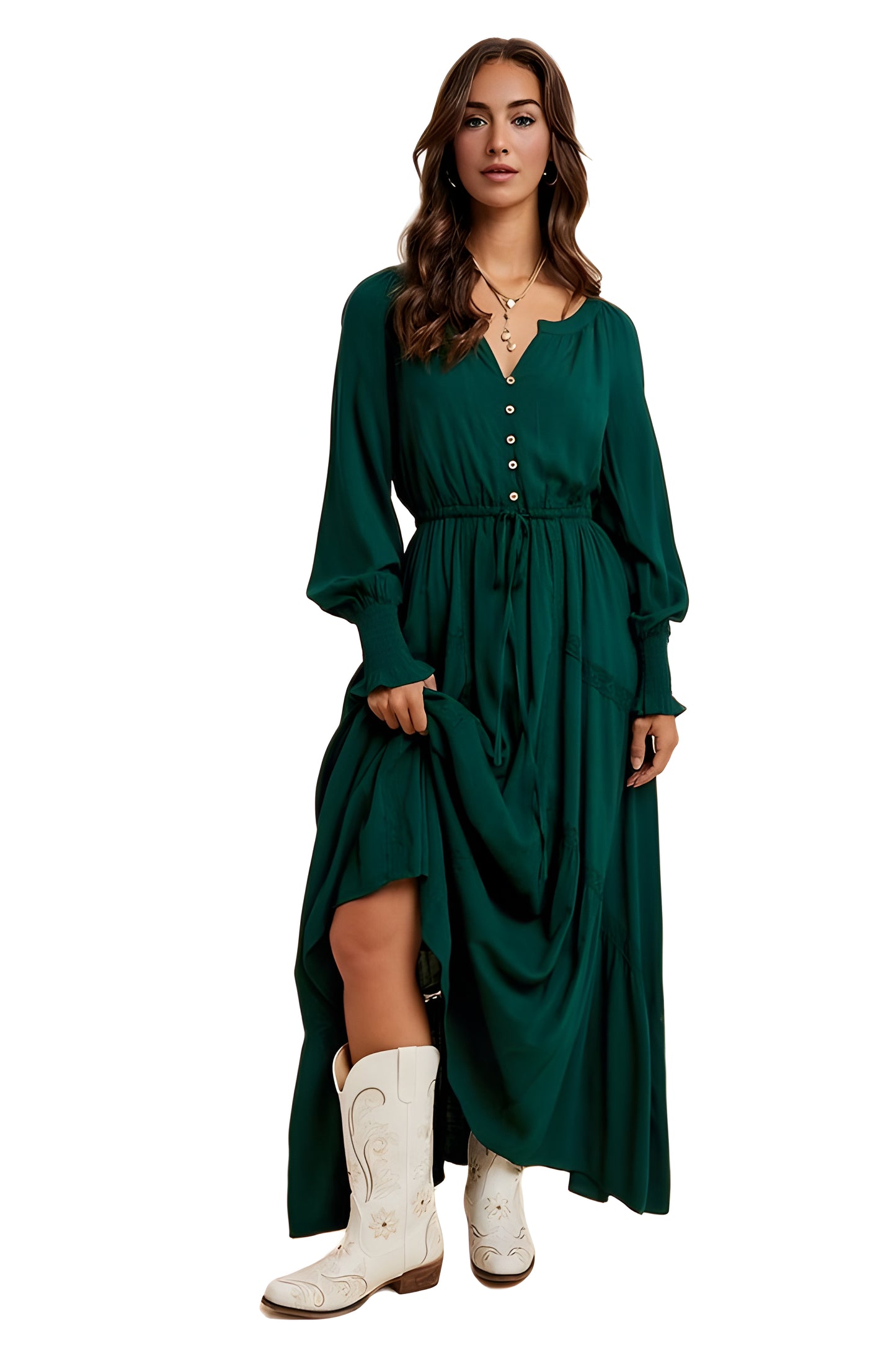 Emerald Long Sleeve Maxi Dress with Front Buttons and Waist Tie