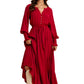 Burgundy Long Sleeve Maxi Dress with Front Buttons and Drawstring Waist