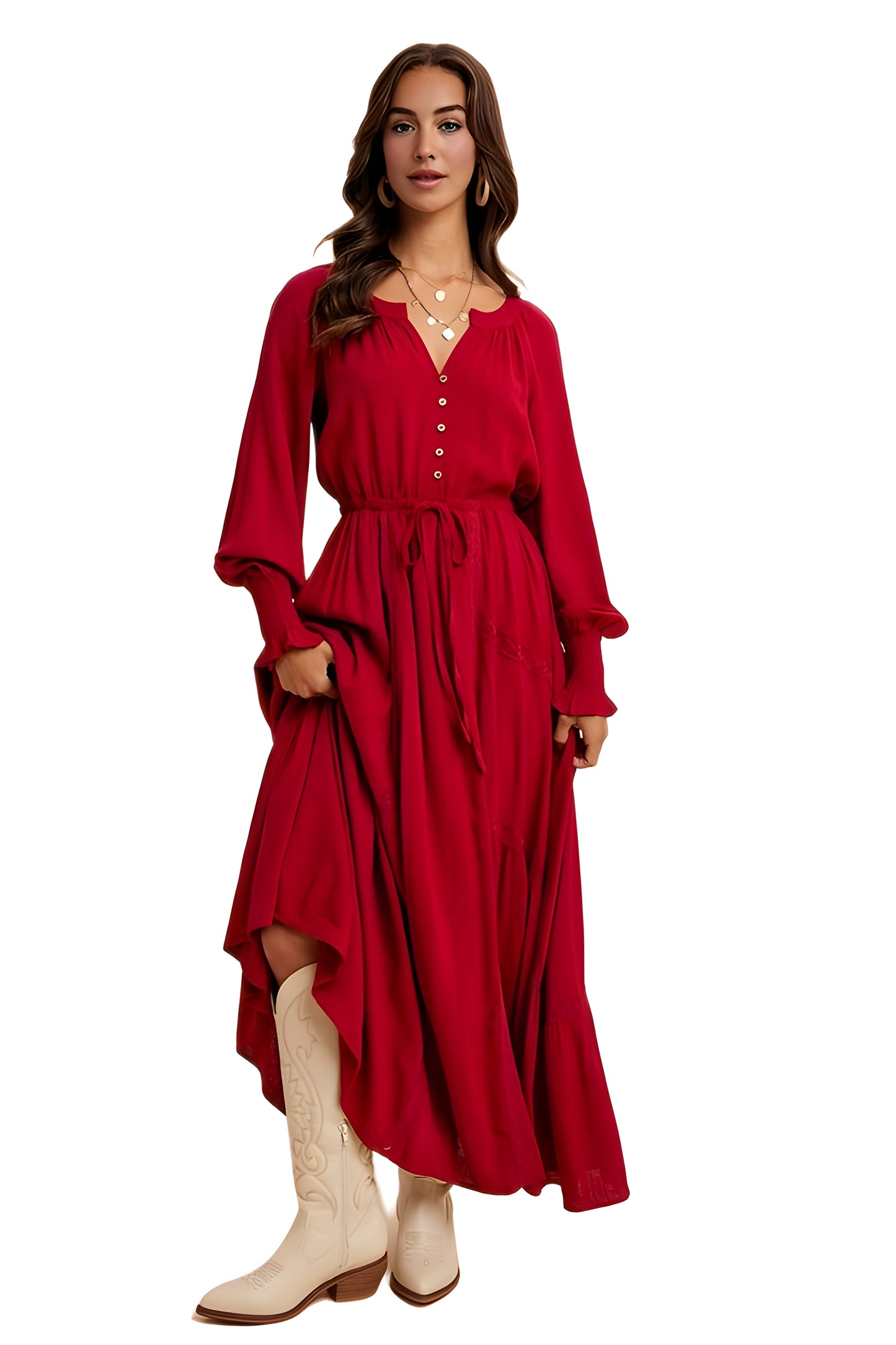Burgundy Long Sleeve Maxi Dress with Front Buttons and Drawstring Waist