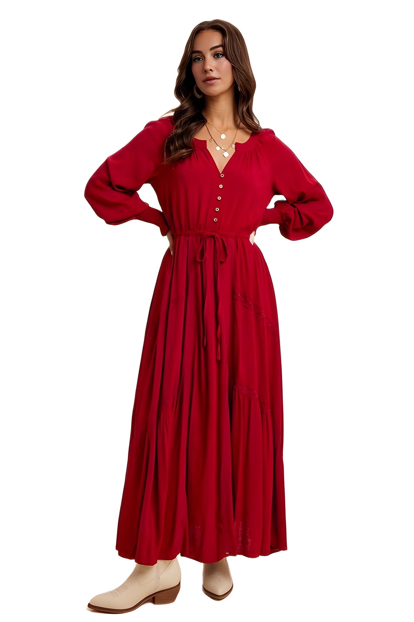 Burgundy Long Sleeve Maxi Dress with Front Buttons and Drawstring Waist