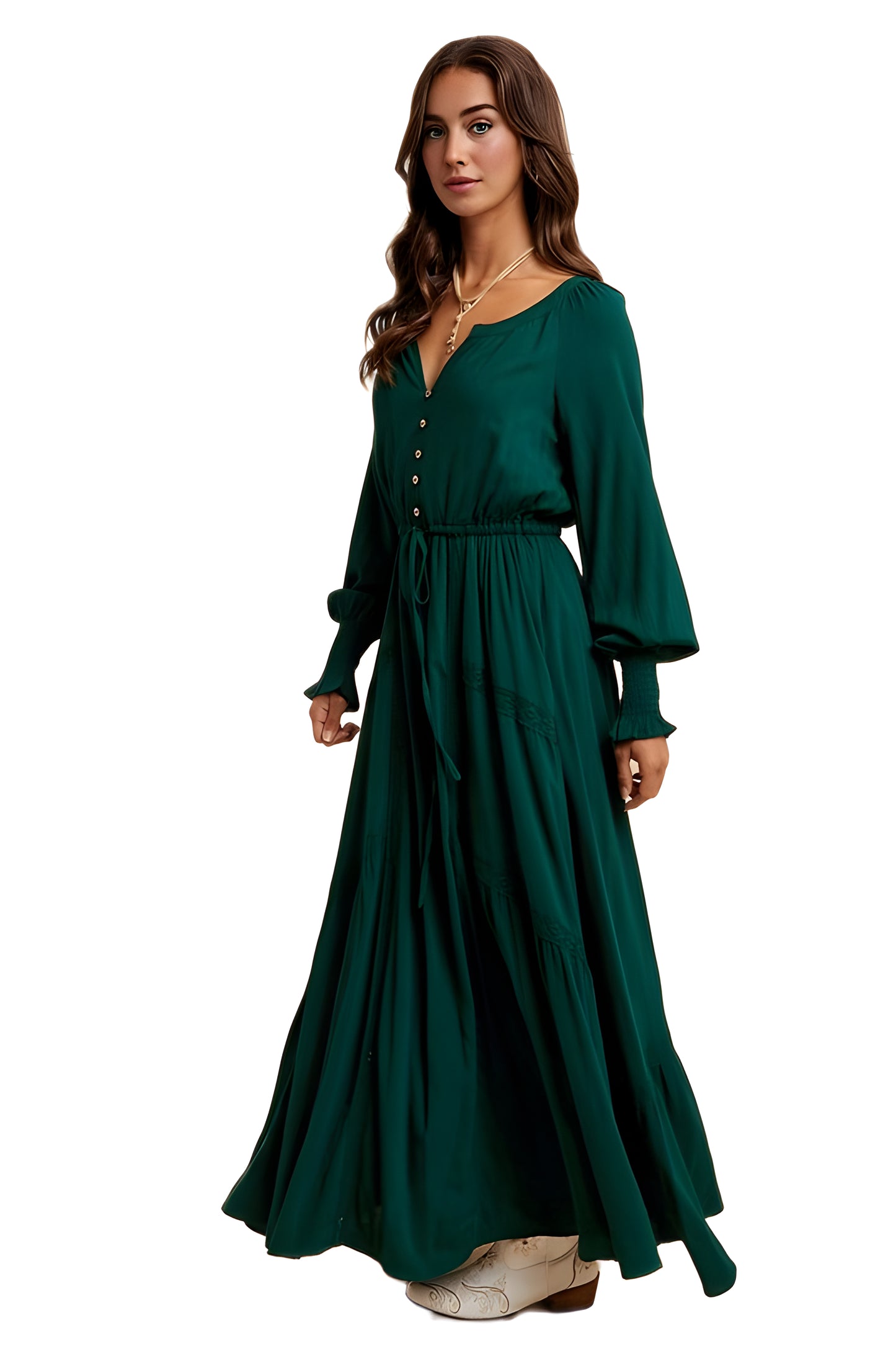 Emerald Long Sleeve Maxi Dress with Front Buttons and Waist Tie