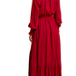 Burgundy Long Sleeve Maxi Dress with Front Buttons and Drawstring Waist