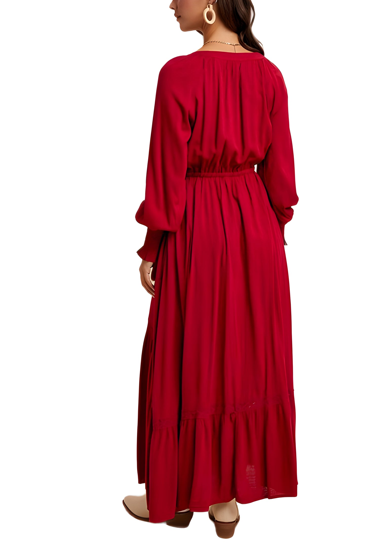 Burgundy Long Sleeve Maxi Dress with Front Buttons and Drawstring Waist