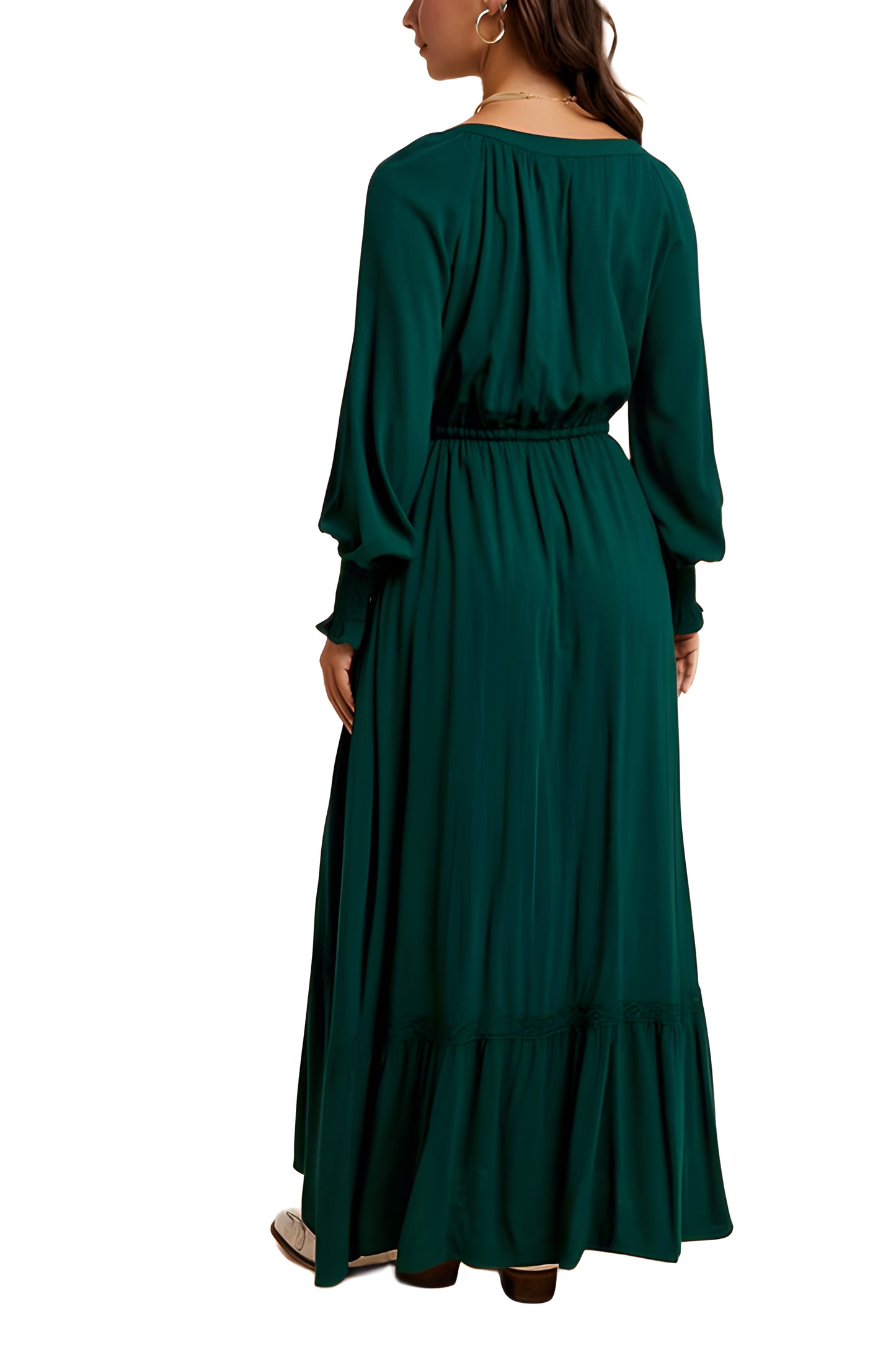 Emerald Long Sleeve Maxi Dress with Front Buttons and Waist Tie