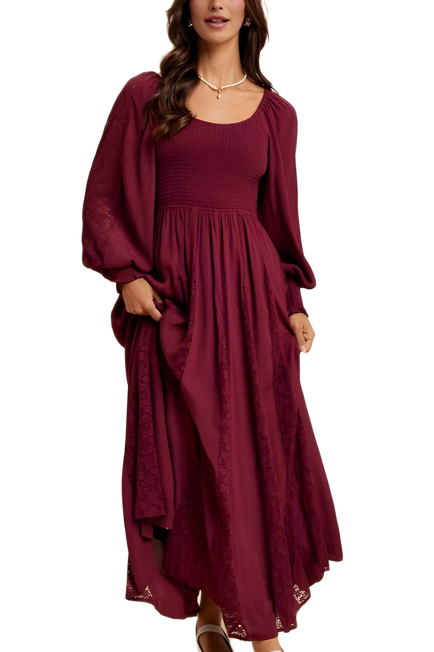 Burgundy Smocked Maxi Dress with Lace Accents and Puff Sleeves