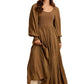 Brown Long Sleeve Maxi Dress with Smocked Bodice and Lace Insets