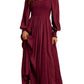 Burgundy Smocked Maxi Dress with Lace Accents and Puff Sleeves
