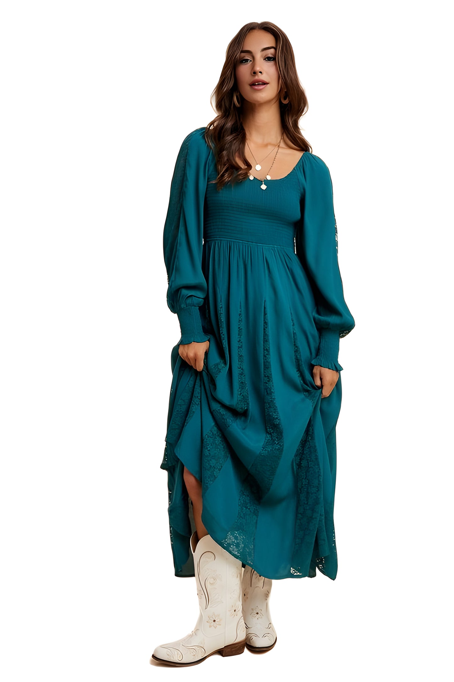 Teal Smocked Long Sleeve Maxi Dress with Lace Insets