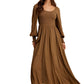 Brown Long Sleeve Maxi Dress with Smocked Bodice and Lace Insets