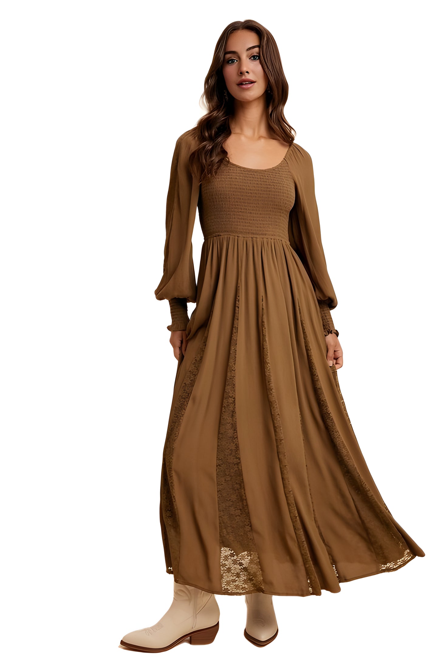 Brown Long Sleeve Maxi Dress with Smocked Bodice and Lace Insets
