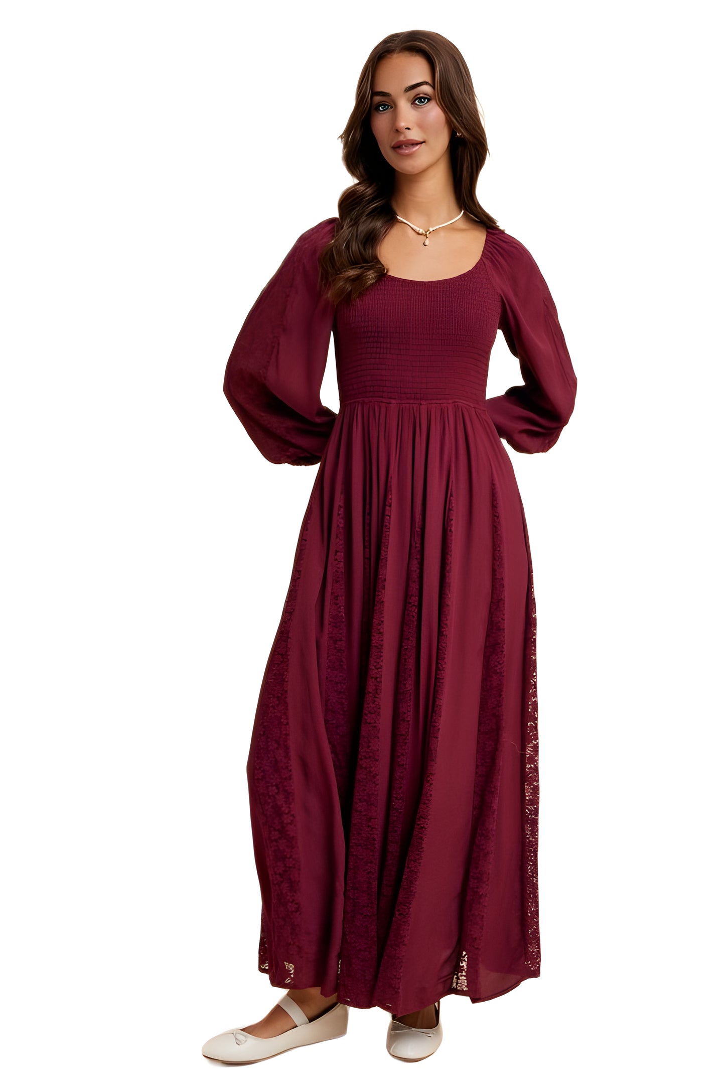 Burgundy Smocked Maxi Dress with Lace Accents and Puff Sleeves