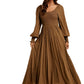 Brown Long Sleeve Maxi Dress with Smocked Bodice and Lace Insets