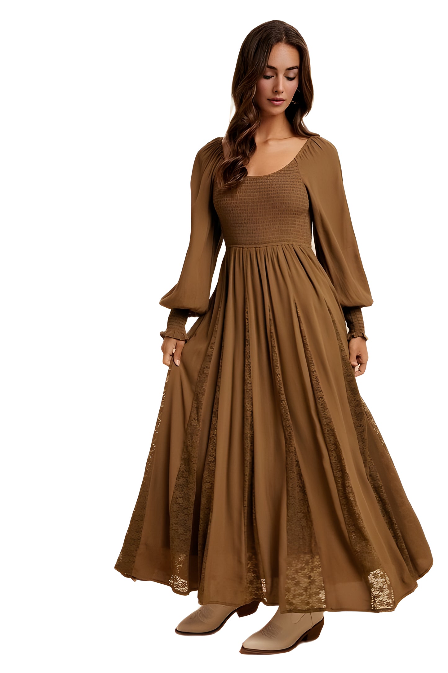 Brown Long Sleeve Maxi Dress with Smocked Bodice and Lace Insets