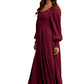 Burgundy Smocked Maxi Dress with Lace Accents and Puff Sleeves