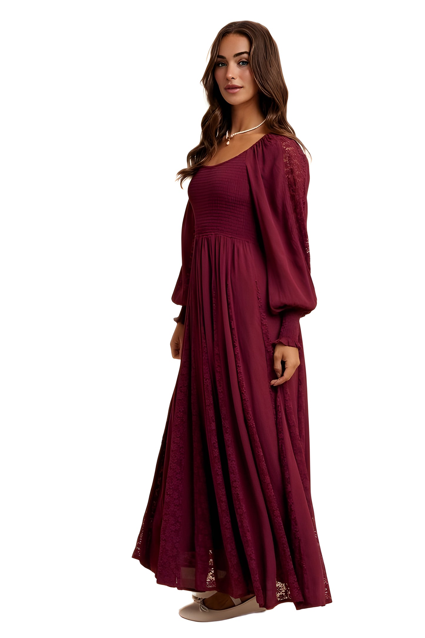 Burgundy Smocked Maxi Dress with Lace Accents and Puff Sleeves