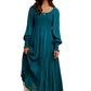Teal Smocked Long Sleeve Maxi Dress with Lace Insets