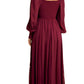 Burgundy Smocked Maxi Dress with Lace Accents and Puff Sleeves