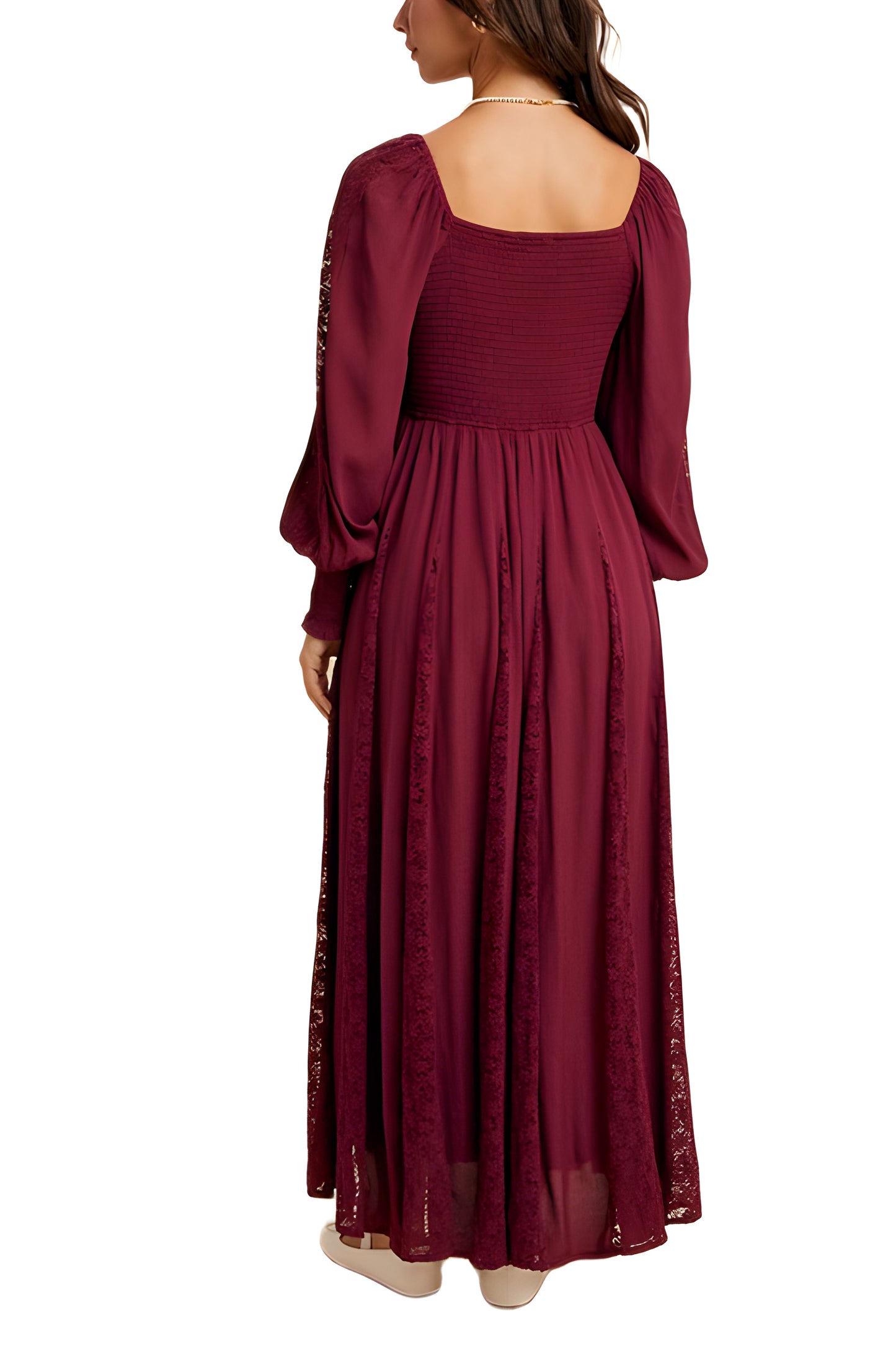 Burgundy Smocked Maxi Dress with Lace Accents and Puff Sleeves