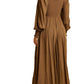 Brown Long Sleeve Maxi Dress with Smocked Bodice and Lace Insets
