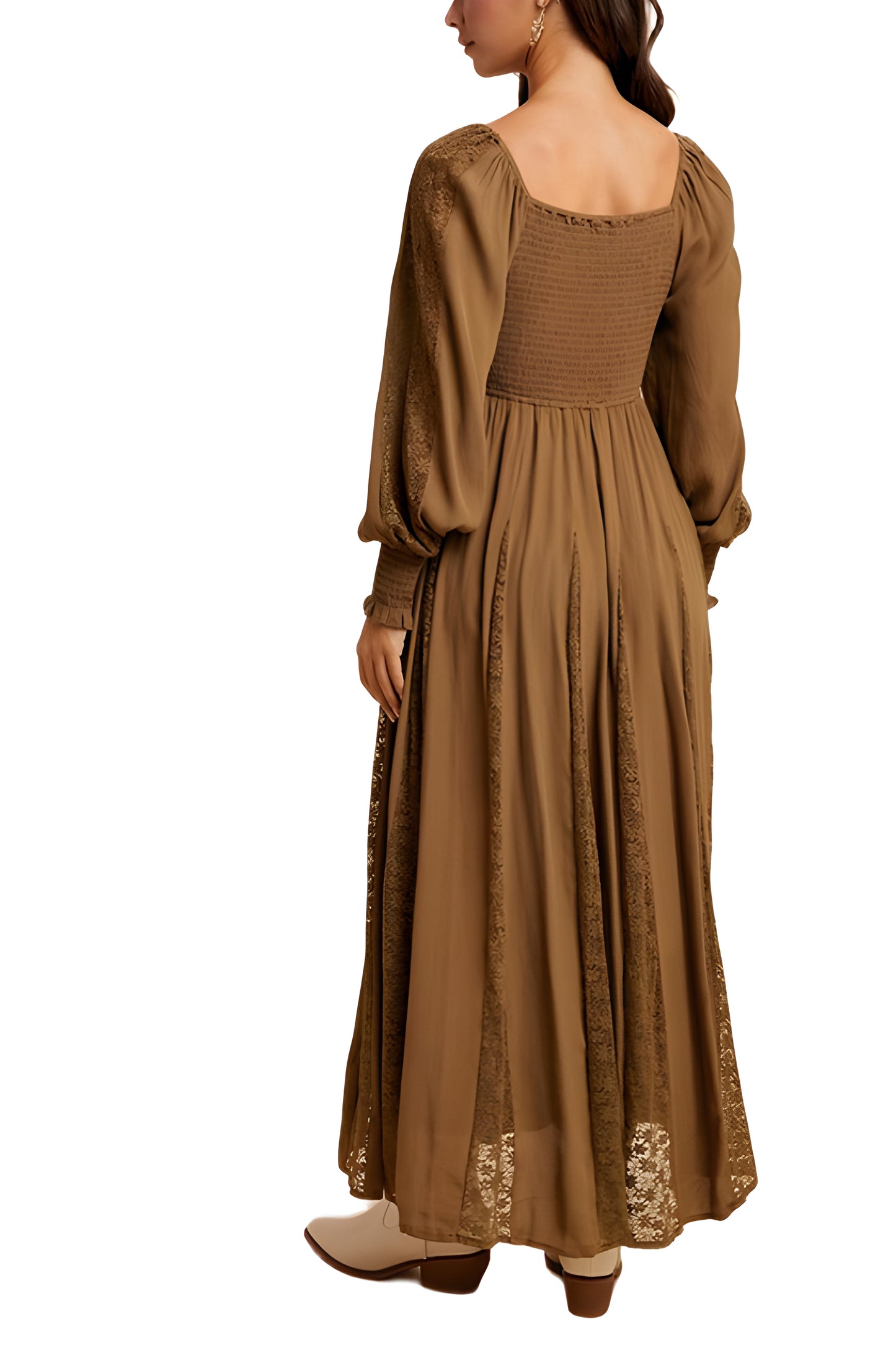 Brown Long Sleeve Maxi Dress with Smocked Bodice and Lace Insets