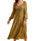 Olive Green Long Sleeve Midi Dress with Sheer Accents