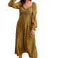 Olive Green Long Sleeve Midi Dress with Sheer Accents