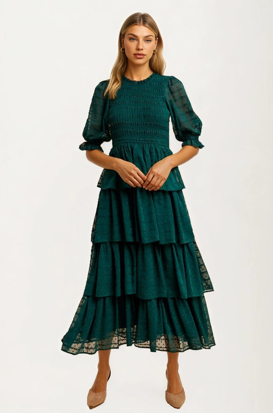 Tiered Ruffle Maxi Dress with Smocked Bodice and Sheer Sleeves