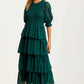 Tiered Ruffle Maxi Dress with Smocked Bodice and Sheer Sleeves
