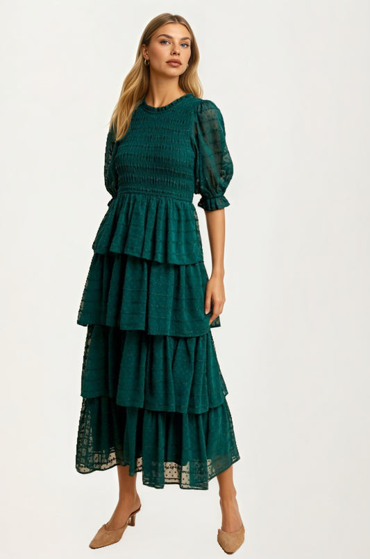 Tiered Ruffle Maxi Dress with Smocked Bodice and Sheer Sleeves