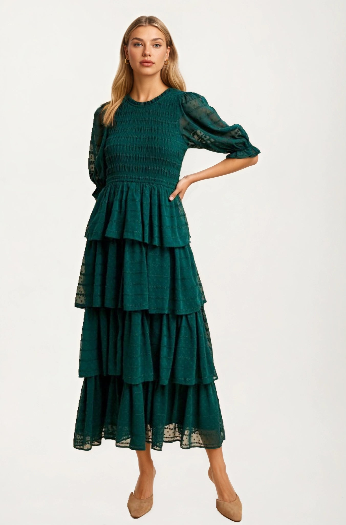 Tiered Ruffle Maxi Dress with Smocked Bodice and Sheer Sleeves