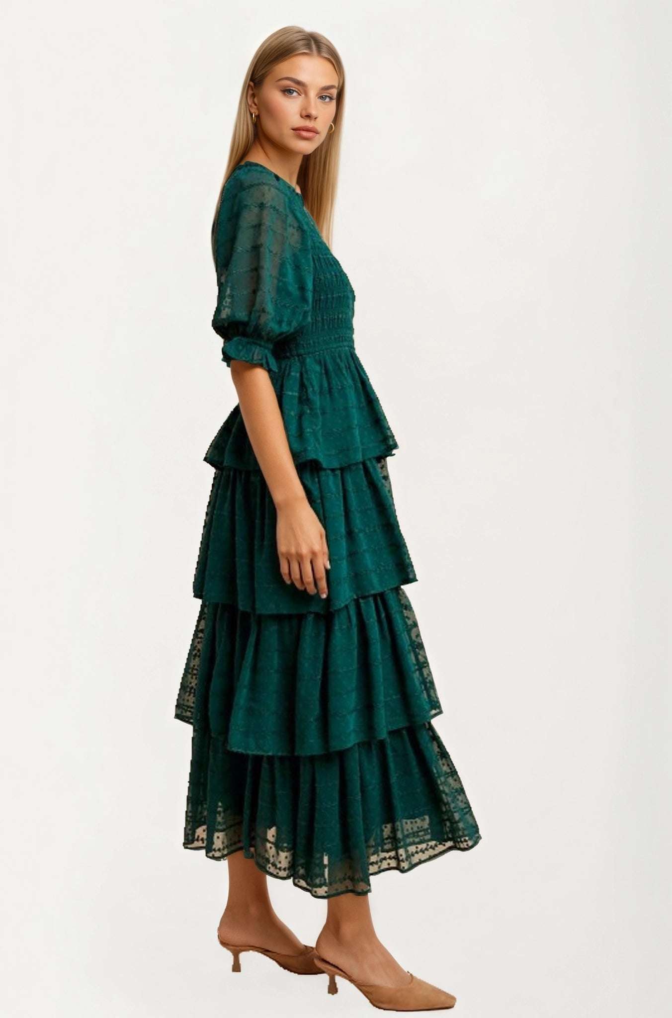 Tiered Ruffle Maxi Dress with Smocked Bodice and Sheer Sleeves