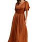 Rust Satin Maxi Dress with Lace Waist and Flutter Sleeves