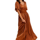 Rust Satin Maxi Dress with Lace Waist and Flutter Sleeves