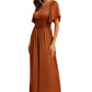 Rust Satin Maxi Dress with Lace Waist and Flutter Sleeves