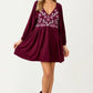 Embroidered Plum V-Neck Mini Dress with Long Sleeves