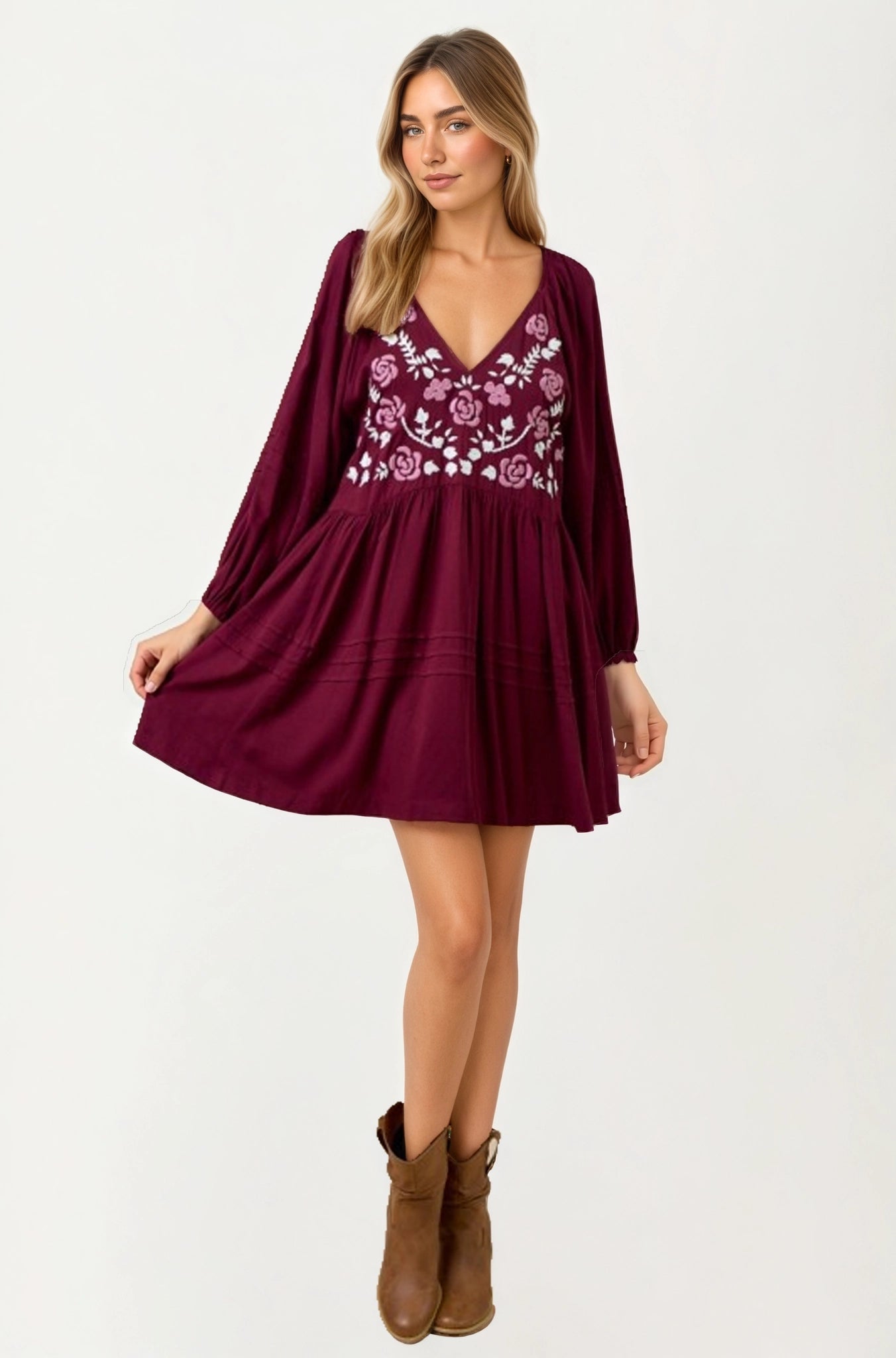 Embroidered Plum V-Neck Mini Dress with Long Sleeves