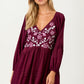 Embroidered Plum V-Neck Mini Dress with Long Sleeves