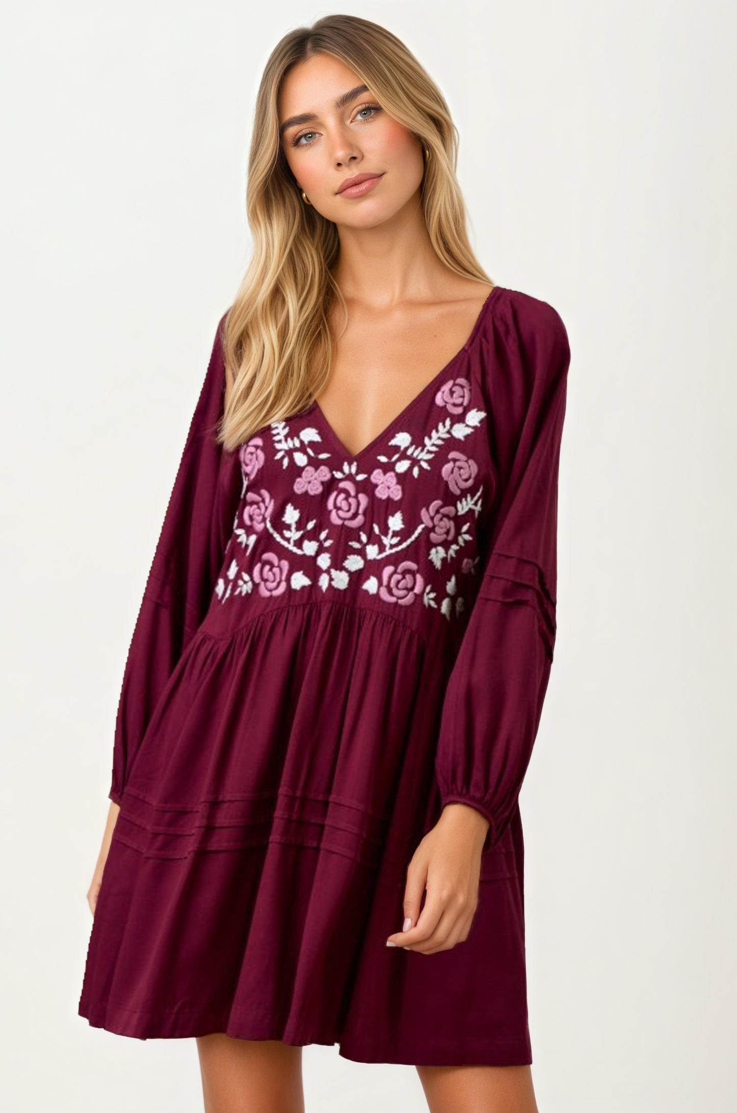 Embroidered Plum V-Neck Mini Dress with Long Sleeves