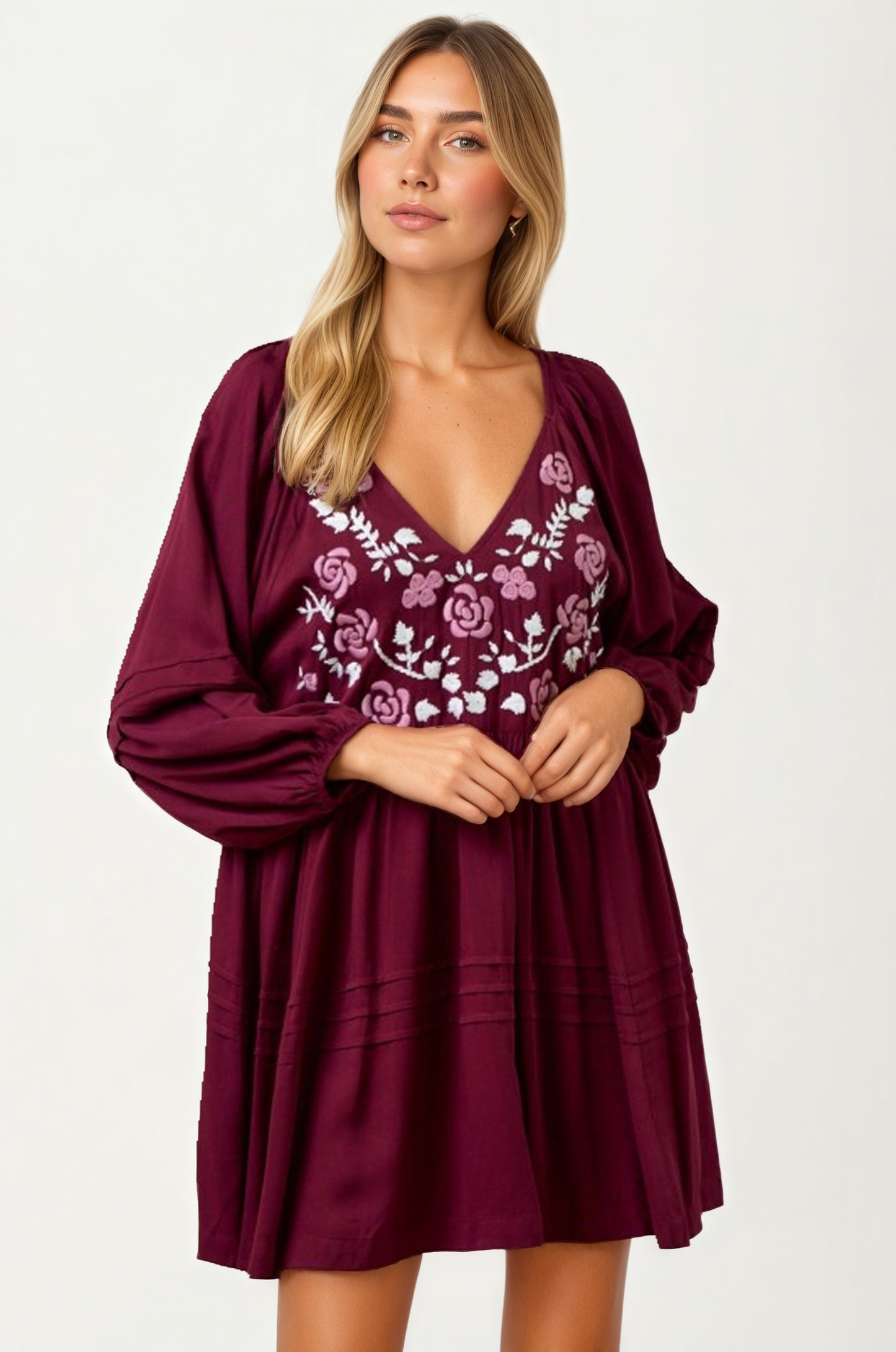 Embroidered Plum V-Neck Mini Dress with Long Sleeves