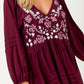 Embroidered Plum V-Neck Mini Dress with Long Sleeves