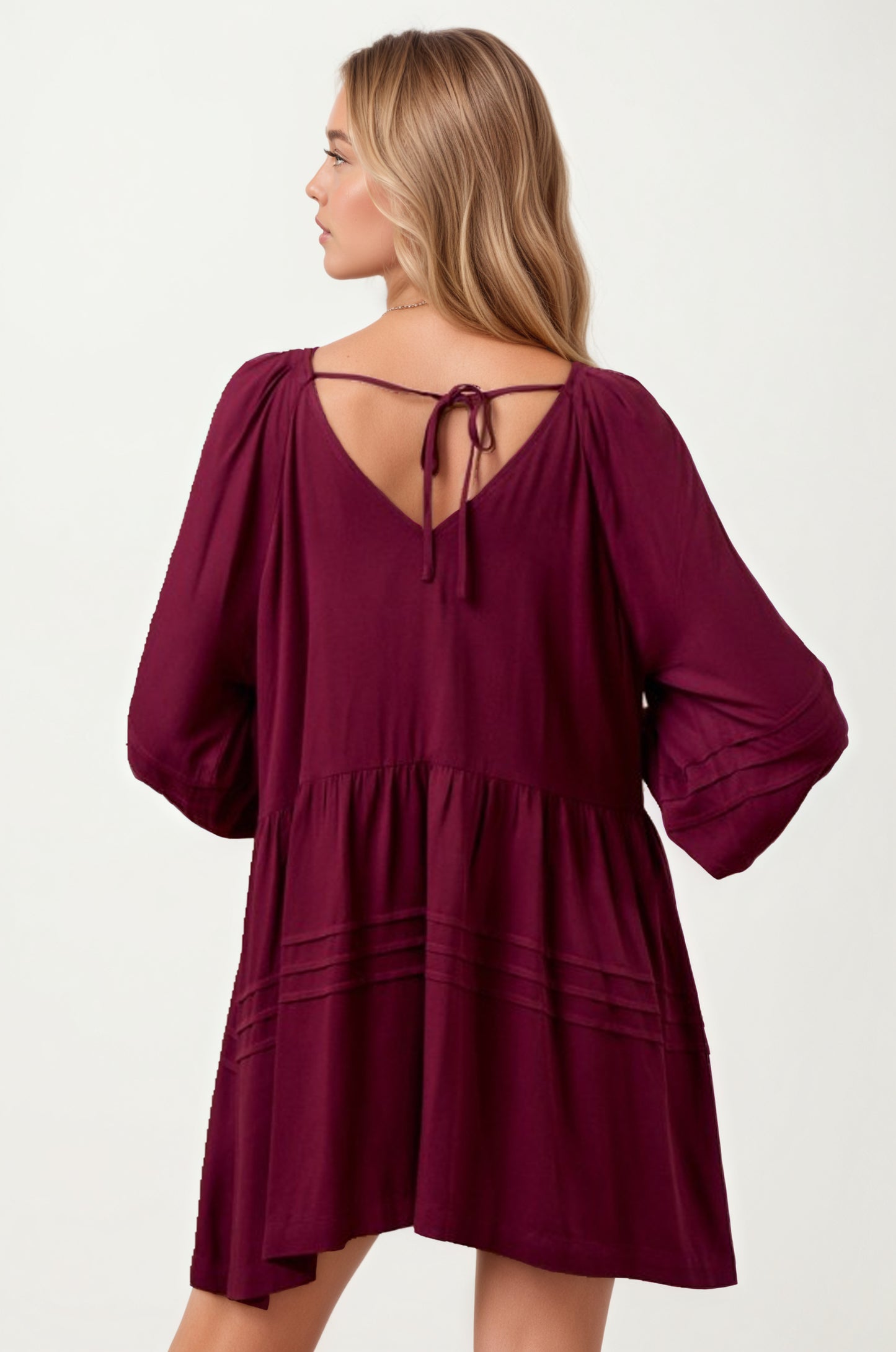 Embroidered Plum V-Neck Mini Dress with Long Sleeves