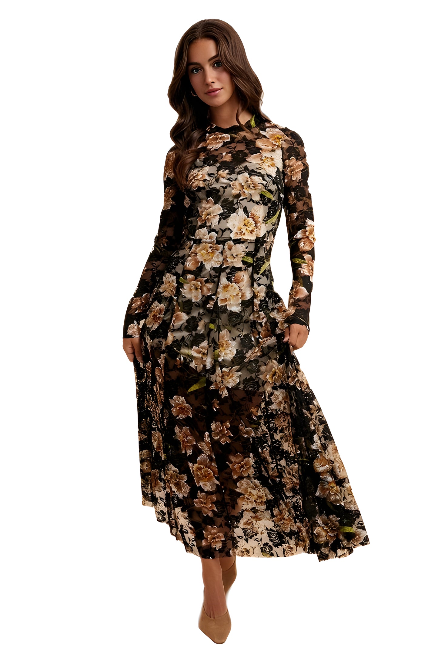 Long Sleeve Black Mesh Midi Dress with Beige Floral Print