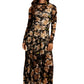 Long Sleeve Black Mesh Midi Dress with Beige Floral Print